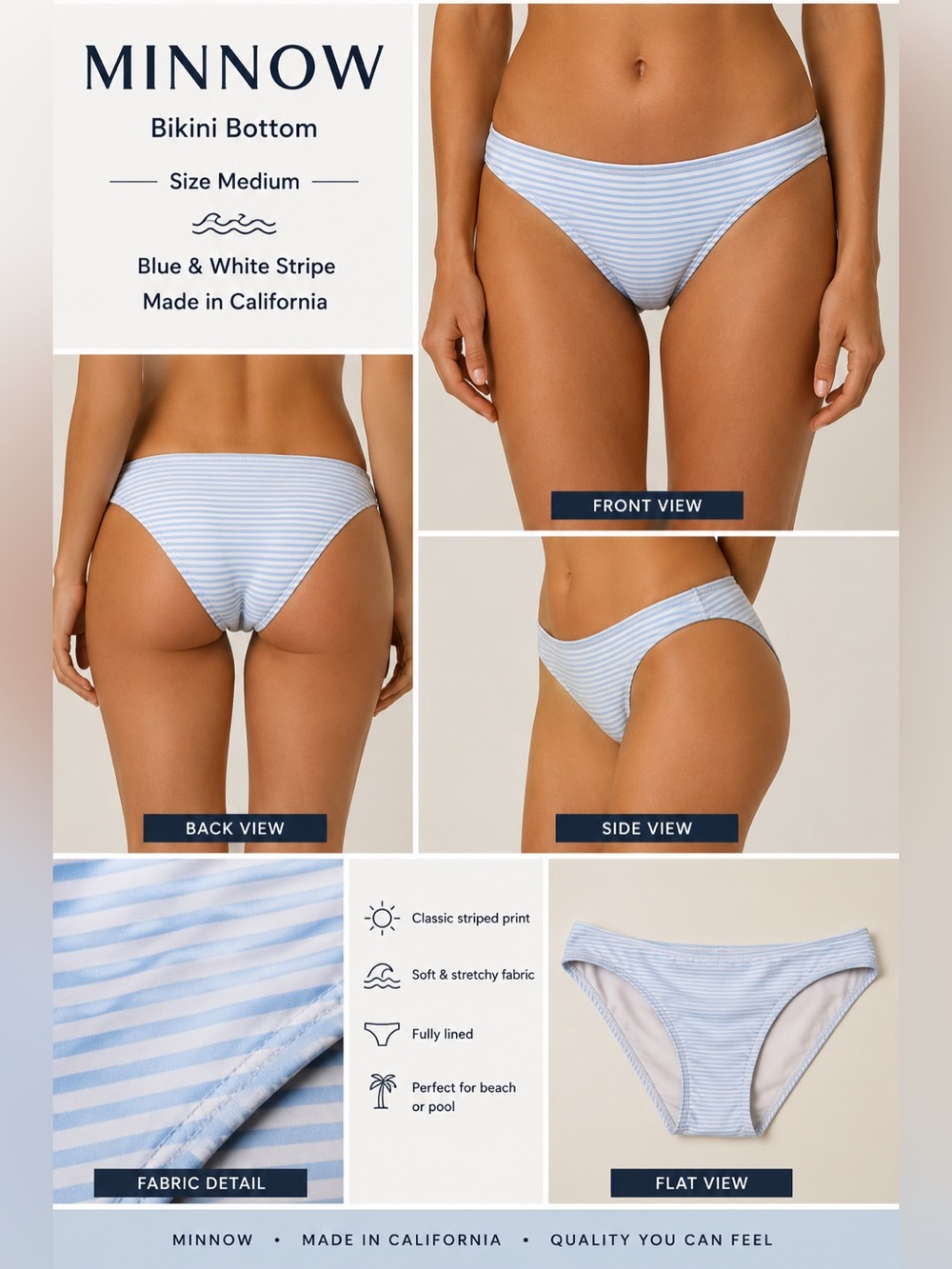 Minnow Women's Bikini Bottom Size M Blue White Stripe Swim Bottom